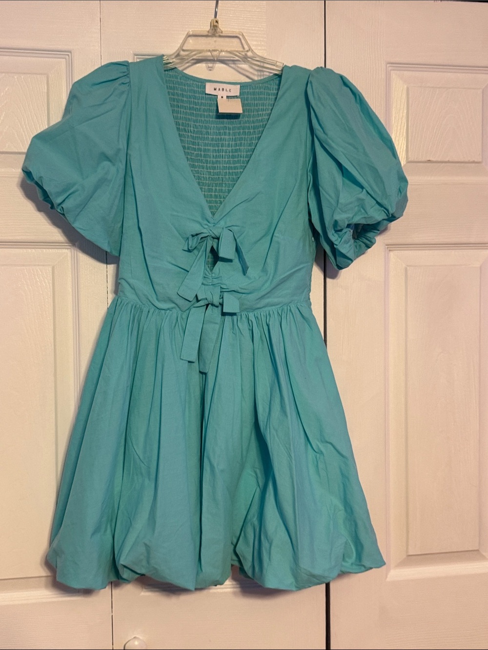 MARBLE Teal Puff-Sleeve Tie-Front Kids Dress
